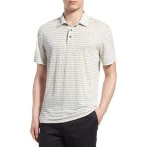 Vince Feeder Stripe Linen Polo Shirt Large